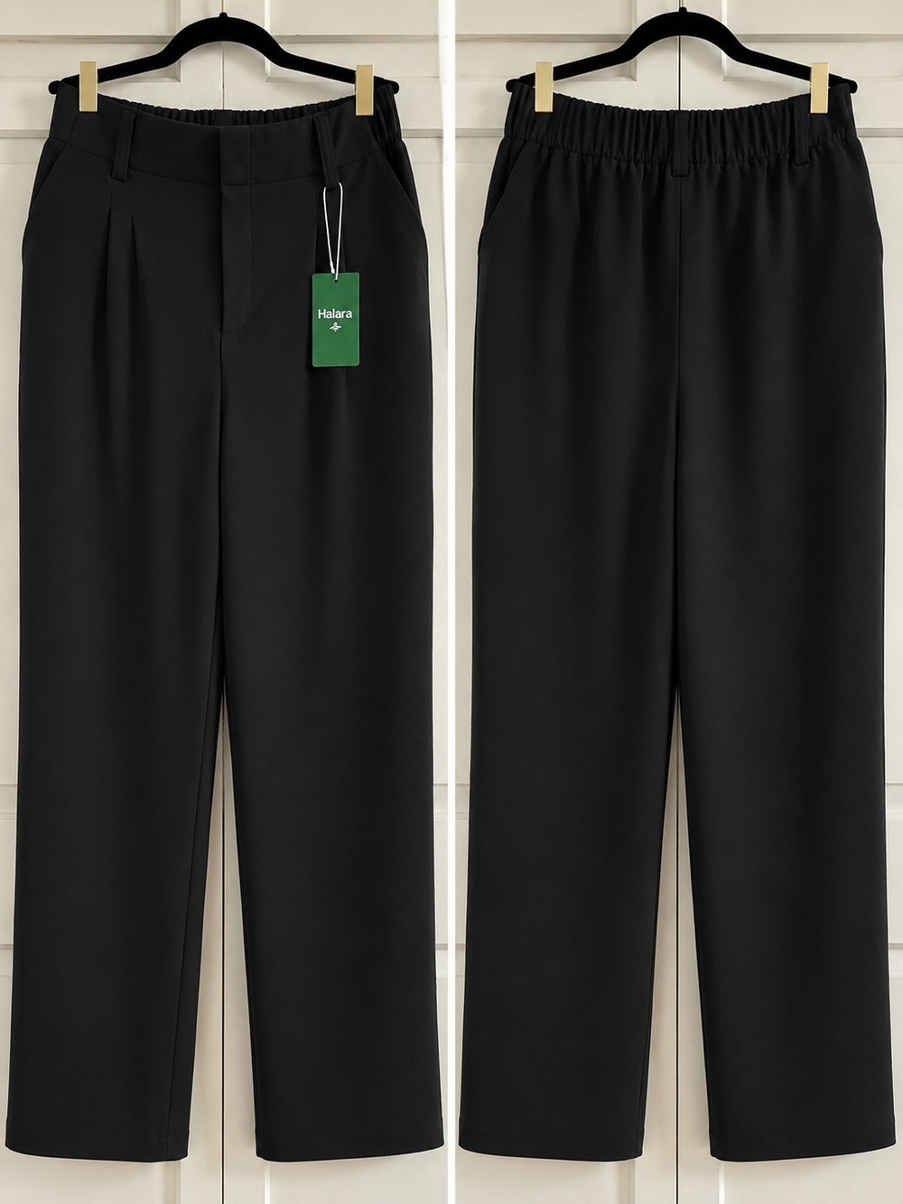 NWT HALARA Petite XL Black Wide Leg Trousers with Elastic Back